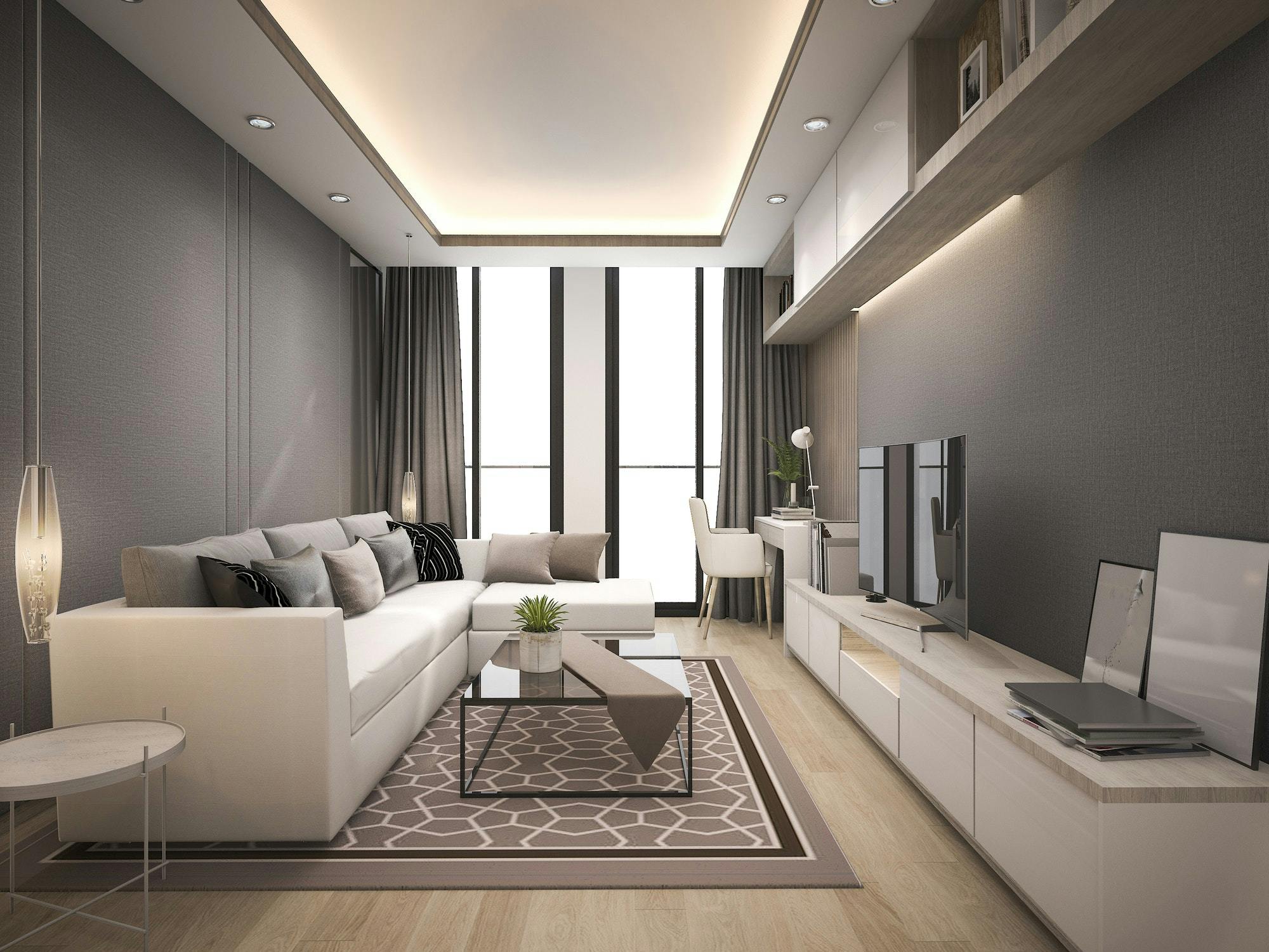 Backlit Mirrors | 3d rendering luxury and modern living room with good design leather sofa 1